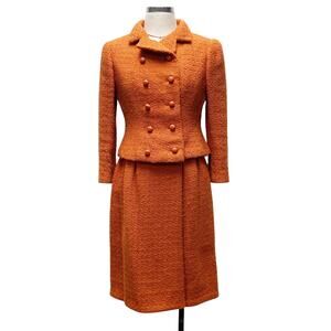 Vintage Joseph Magnin Womens Orange Tweed Double Breasted Skirt Suit